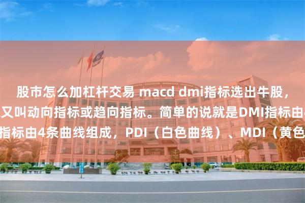 股市怎么加杠杆交易 macd dmi指标选出牛股，看绝招（原创） DMI指标又叫动向指标或趋向指标。简单的说就是DMI指标由4条曲线组成，PDI（白色曲线）、MDI（黄色曲线）、ADX（...